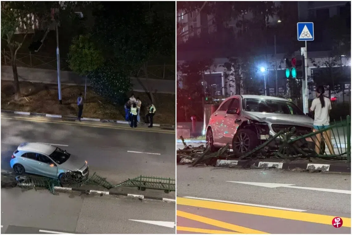 The front of the car looks damaged, while a section of the metal railing is twisted and flattened.