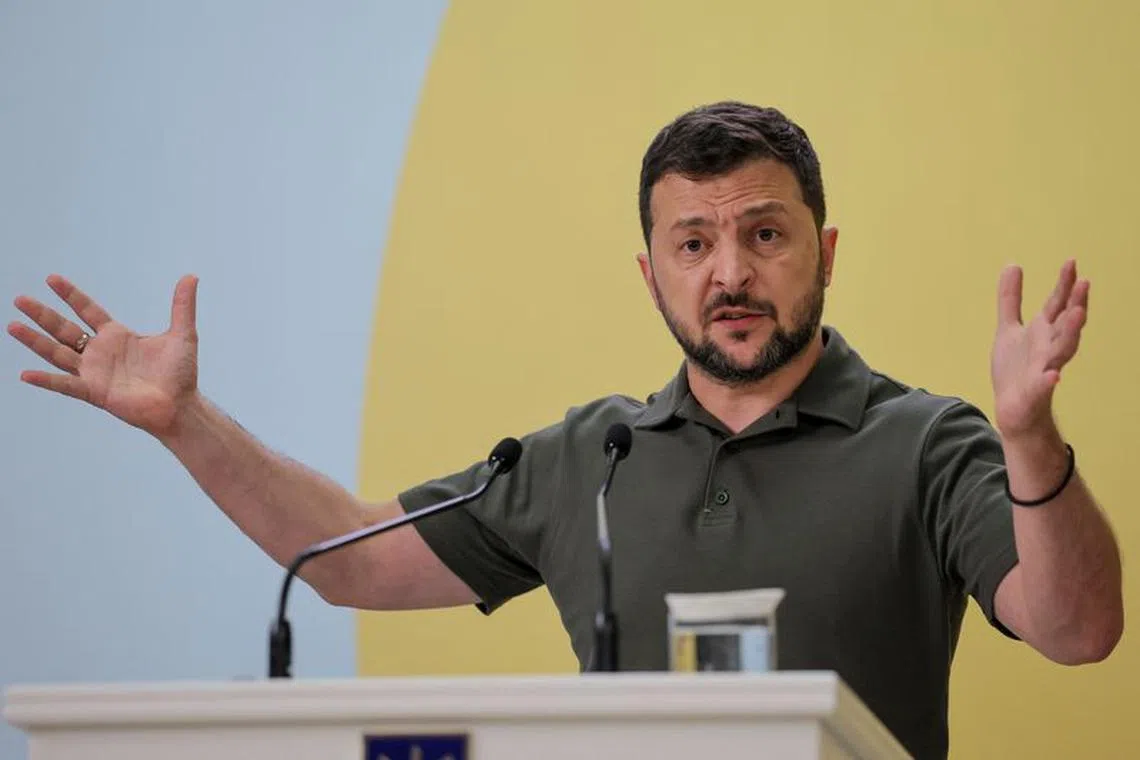 Ukrainian President Volodymyr Zelensky speaks at the press conference after the opening session of Crimea Platform conference in  Kyiv, Ukraine, 23 August 2023.  The Crimea Platform – is an international consultation and coordination format initiated by Ukraine.  OLEG PETRASYUK/Pool via REUTERS