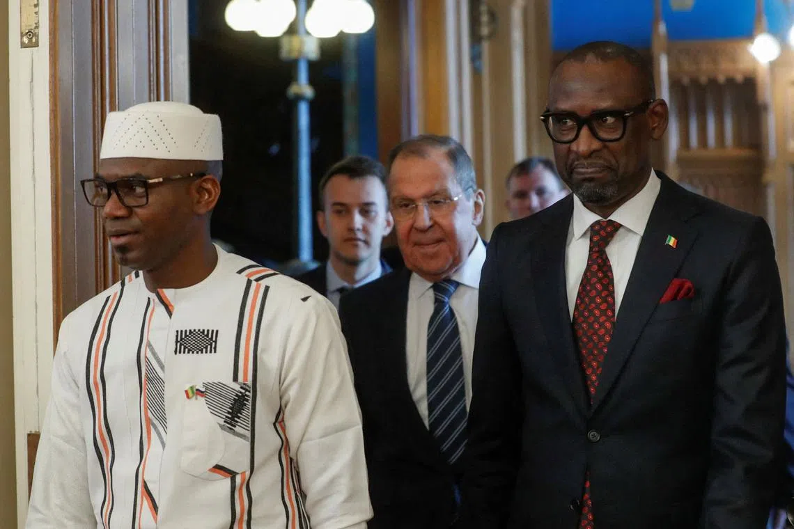 FILE PHOTO: Mali Defense Minister Sadio Camara, Russian Foreign Minister Sergey Lavrov and Minister for Foreign Affairs and Cooperation of Mali Abdoulaye Diop enter a hall during their meeting in Moscow, Russia, 28 February 2024.    MAXIM SHIPENKOV/Pool via REUTERS/File Photo