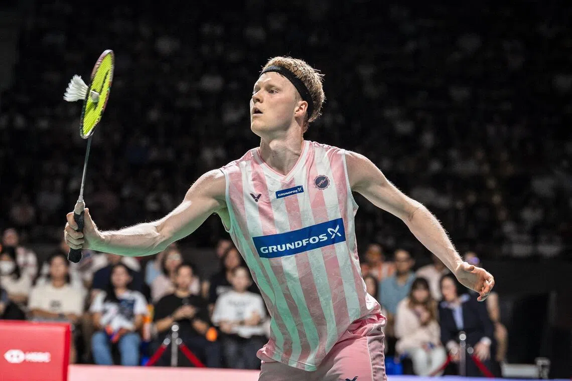 Denmark's Anders Antonsen playing a shot against Thailand's Kunlavut Vitidsarn during their men's singles final at the Thailand Open on May 17.