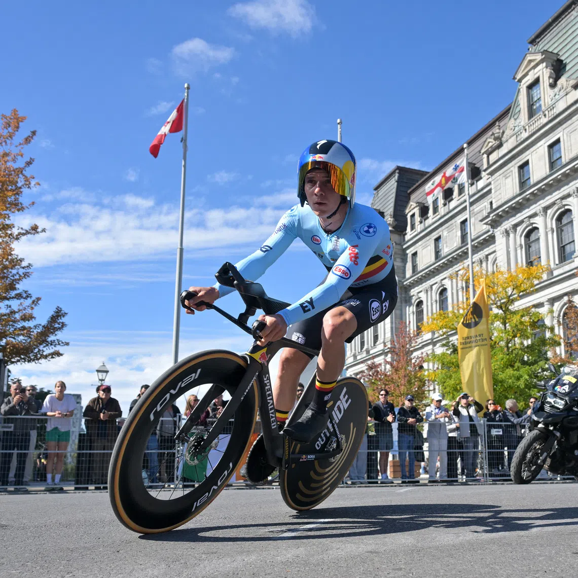 Remco Evenepoel (BEL) competes in the Men individual time trial at the UCI Road World Championships on Sept 20 in Montreal, Quebec, Canada.