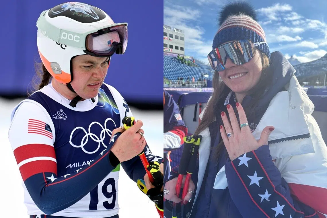 Breezy Johnson missed out on a gold medal after dropping out of the women's Super G (left), but gained a fiance when her boyfriend proposed at the finish line. 