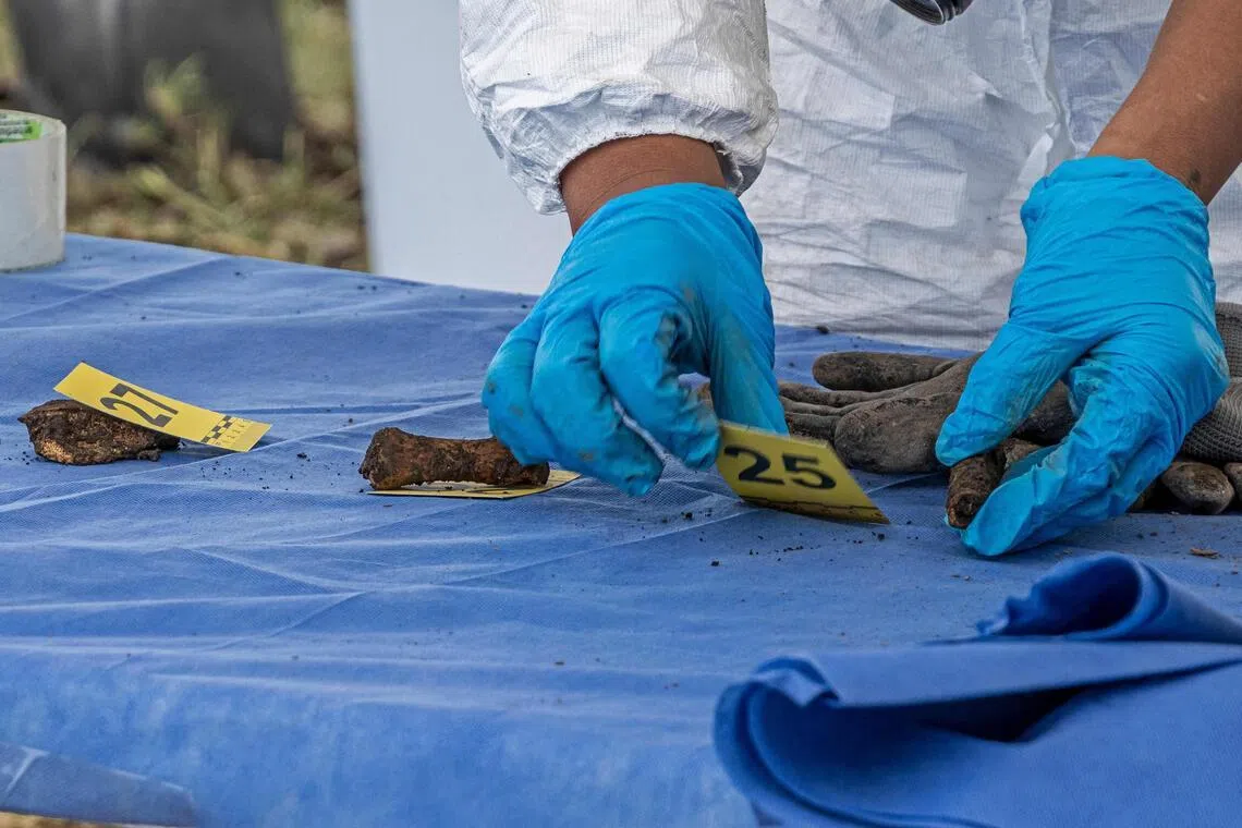 A forensic expert sorts and labels bone fragments on a table during a search for human remains near Mexico City's Lake Chalco, on April 15.