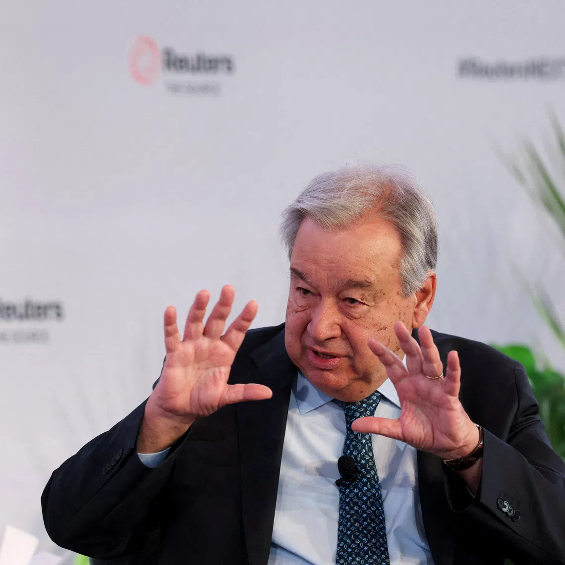 FILE PHOTO: UN Secretary General Antonio Guterres speaks with Reuters Editor-in-Chief Alessandra Galloni (not pictured) during the Reuters NEXT conference, in New York City, New York, U.S., December 3, 2025.  REUTERS/Brendan McDermid/File Photo