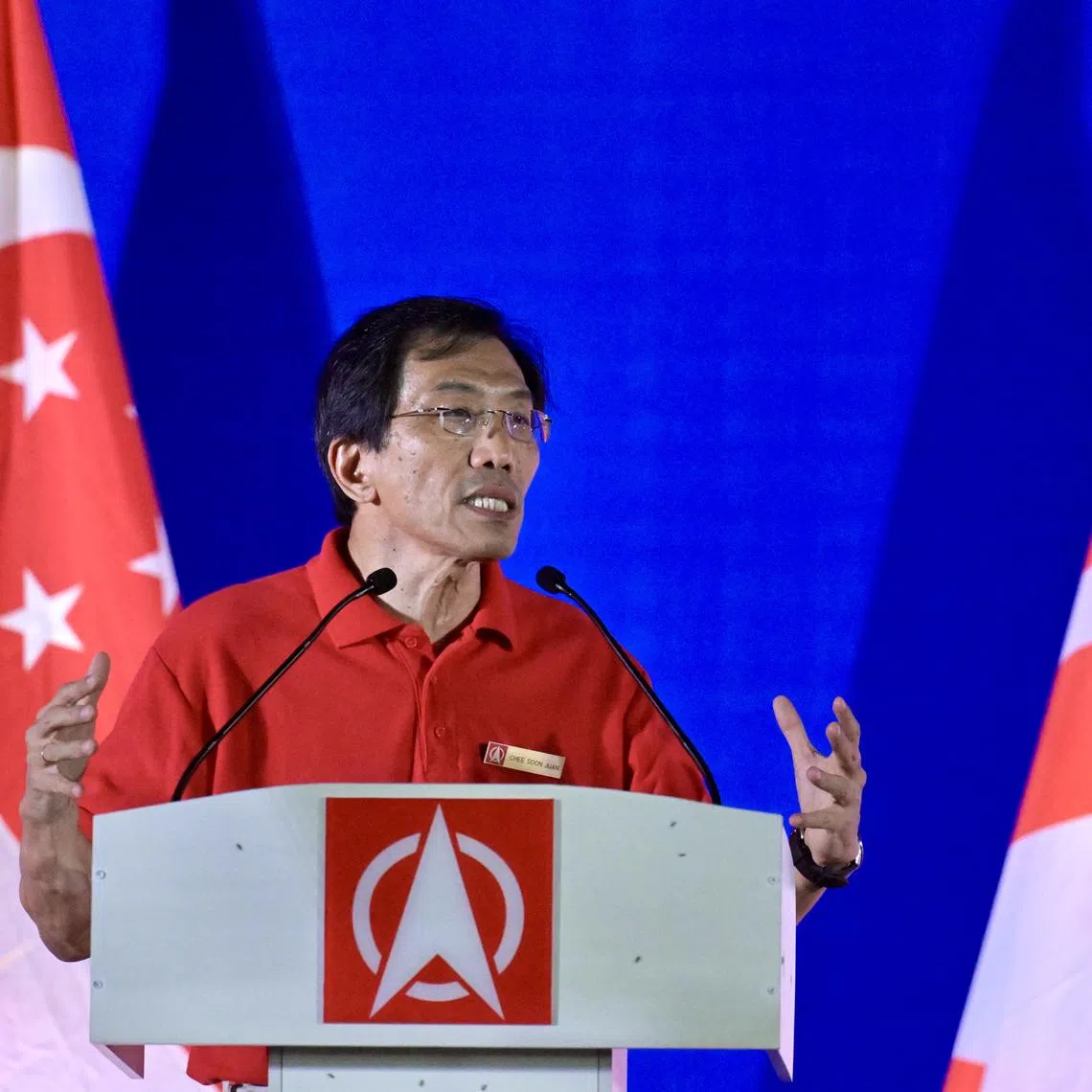 SDP chief Chee Soon Juan speaking at the rally in Evergreen Primary School on May 1.