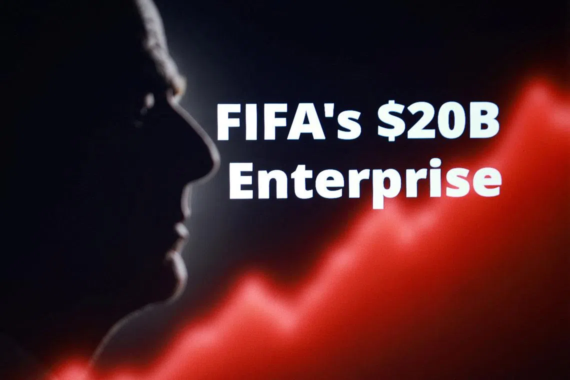 Silhouette of Gianni Infantino, FIFA President, words \"FIFA's $20B Enterprise\" and rising stock graph are seen in this illustration taken, July 28, 2026. REUTERS/Dado Ruvic/Illustration