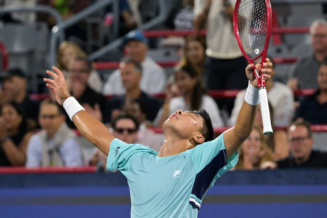 Brandon Nakashima celebrates his victory against Rafael Jodar in the Montreal Masters semi-finals.