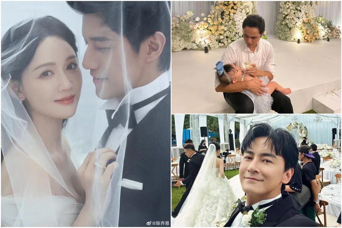 (Clockwise from left) Joe Chen held her wedding ceremony to Malaysian artist Alan Chen on Sept 22, with Ming Dao and Joseph Cheng as groomsmen.