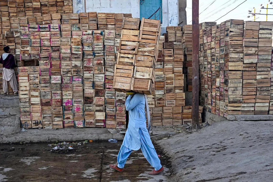 TOPSHOT - A labourer carries wooden crates at a fruits and vegetable market in Karachi on January 8, 2025. (Photo by Rizwan TABASSUM / AFP)