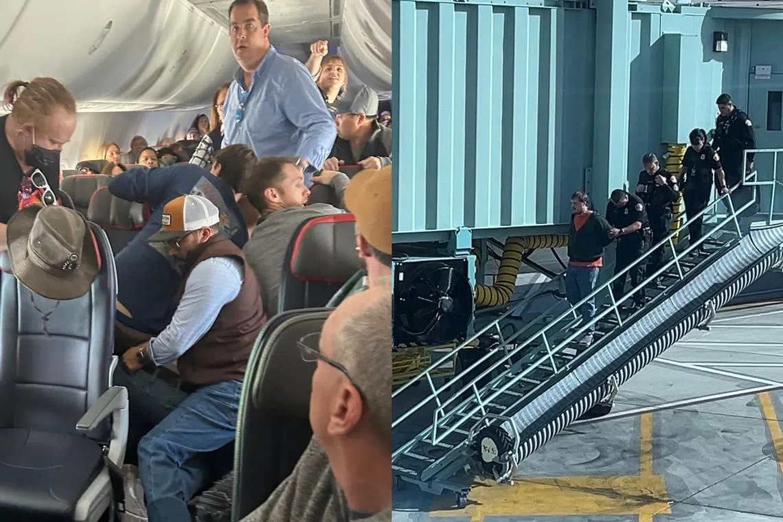 A man who tried to open the emergency exit of an American Airlines flight was subdued by fellow passengers, before being escorted off the plane by law enforcement officials upon landing.
