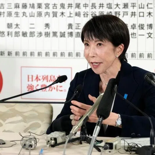 Japan's prime minister and LDP party leader, Sanae Takaichi, speaks to the media at the party's headquarters in Tokyo, on Feb 8.