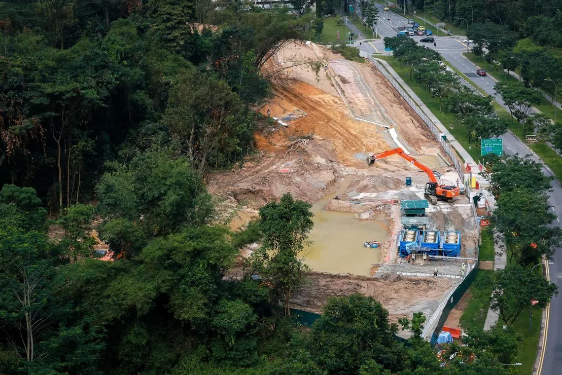 The West Glades BTO construction site in Bukit Batok Hillside Park along Bukit Batok West Avenue 5, April 1, 2023. National water agency PUB has stopped site clearance work at the construction site after lapses in environment protection measures were found, creating the risk of pollution in the area.