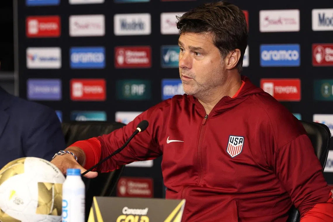 Jul 6, 2025; Houston, Texas, USA; United States head coach Mauricio Pochettino speaks to the media after the match against Mexico during the 2025 Gold Cup Final at NRG Stadium. Mandatory Credit: Troy Taormina-Imagn Images