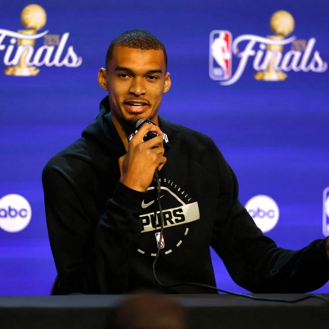Victor Wembanyama of the San Antonio Spurs addresses the media ahead of the 2026 NBA Finals against the New York Knicks.