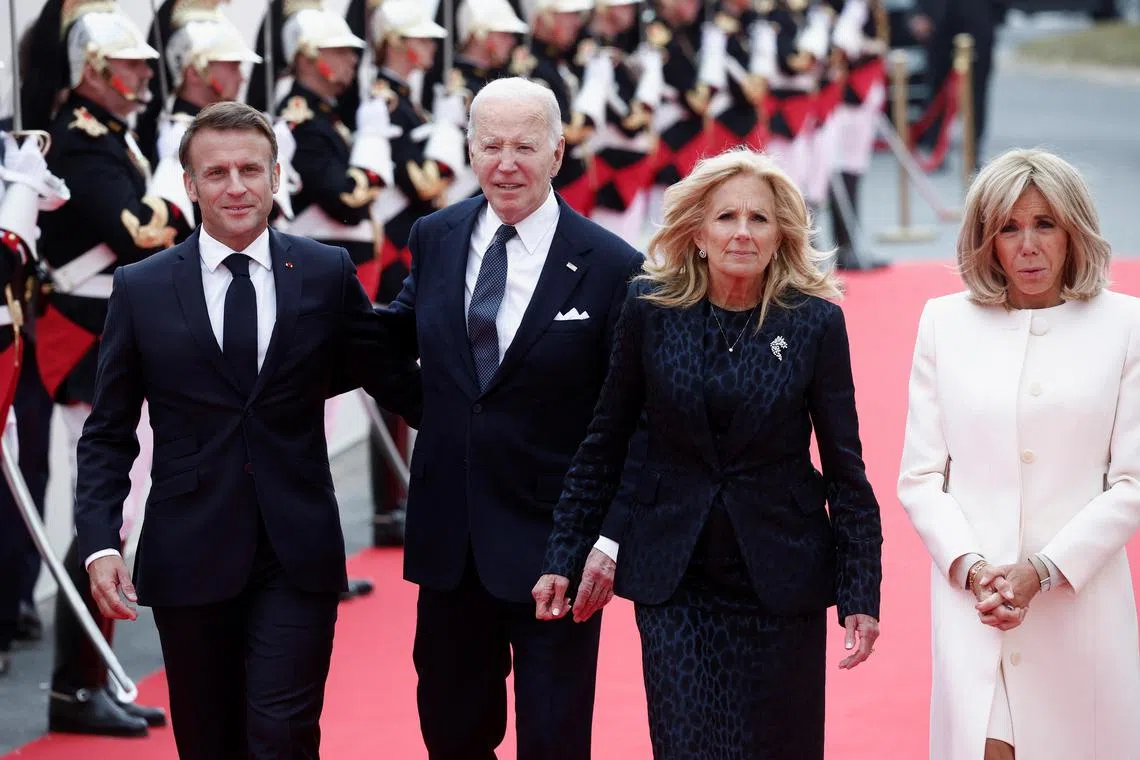 At an event marking the 80th anniversary of the 1944 D-Day landings in France are (from left) French President Emmanuel Macron, US President Joe Biden, US First Lady Jill Biden and Mrs Brigitte Macron.