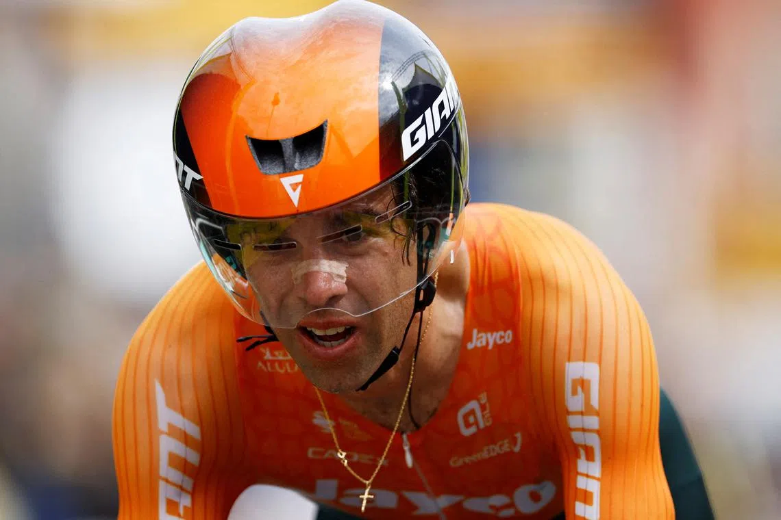 FILE PHOTO: Cycling - Tour de France - Stage 21 - Monaco to Nice - Monaco, France - July 21, 2024  Team Jayco AlUla's Michael Matthews crosses the finish line after stage 21 REUTERS/Stephane Mahe/File Photo