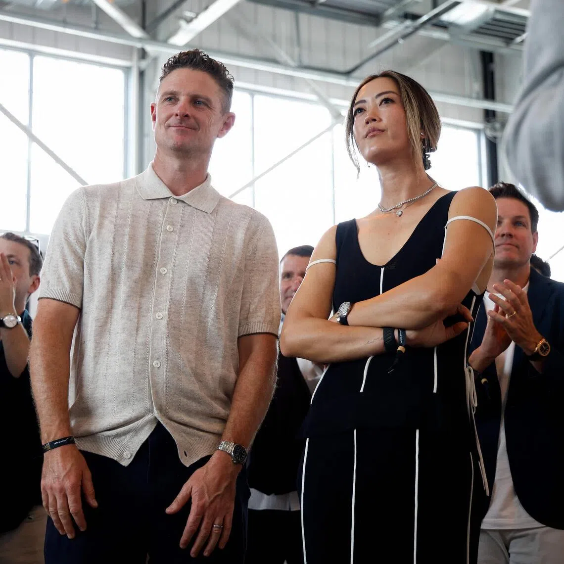 PGA Tour player Justin Rose of England and LPGA player Michelle Wie West of the United States speak during the McLaren Golf Launch Event on April 29, 2026.