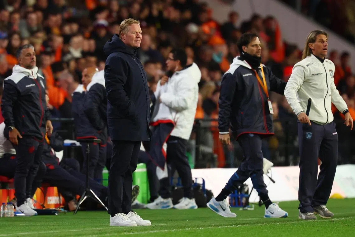 Netherlands coach Ronald Koeman and Ecuador coach Sebastian Beccacece react during their international friendly at Philips Stadion in Eindhoven, Netherlands on March 31, 2026.