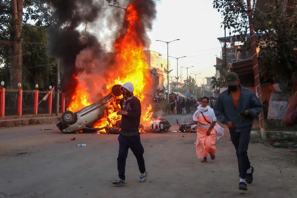 Protesters also burned tyres and blocked roads in the capital city of Imphal on Nov 16. 