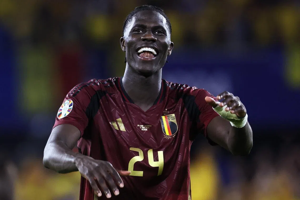 FILE PHOTO: Soccer Football - Euro 2024 - Group E - Belgium v Romania - Cologne Stadium, Cologne, Germany - June 22, 2024 Belgium's Amadou Onana celebrates after the match REUTERS/Wolfgang Rattay/File Photo