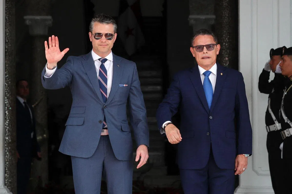 US Secretary of Defence Pete Hegseth (left) is met by Panama Security Minister Frank Abrego, as he arrives in Panama City on April 8.