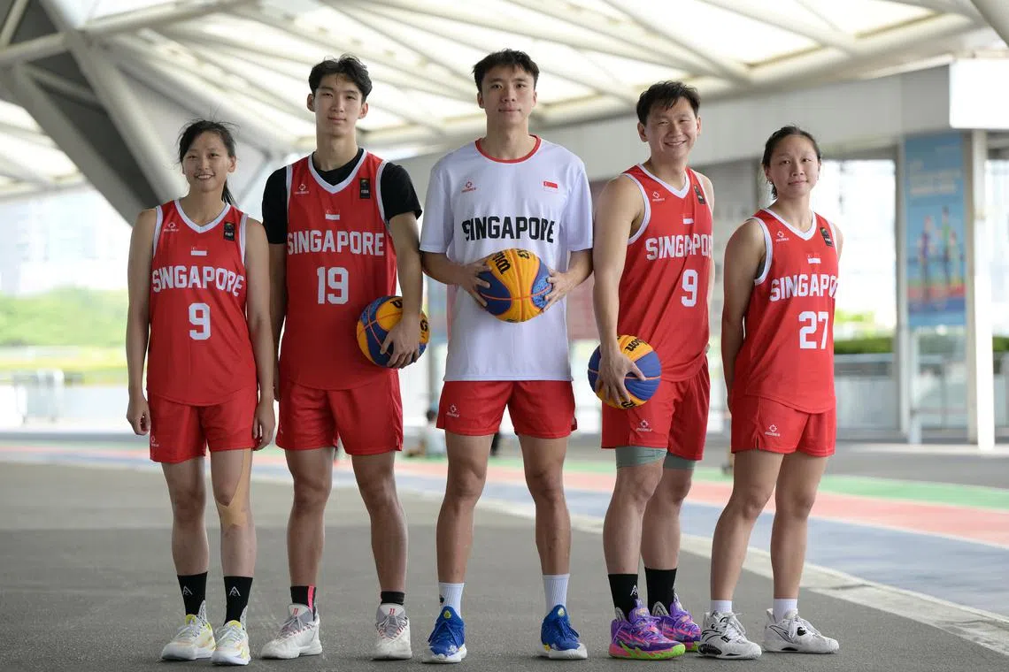(From left) National 3x3 basketballers Tang Choy Ting, Xu Duanyang, Kelvin Lim, Tay Ding Loon and Jermaine Lim 