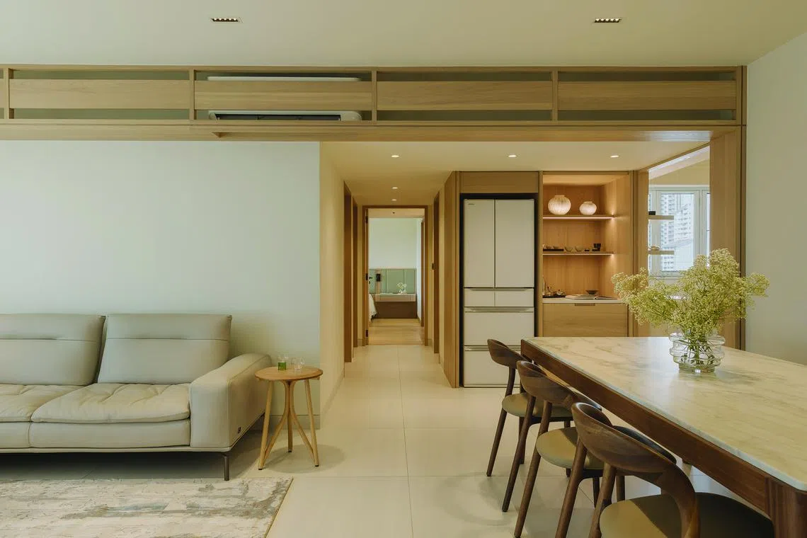 Clean lines and beige hues characterise this Japandi (Japanese-Scandinavian) home. 