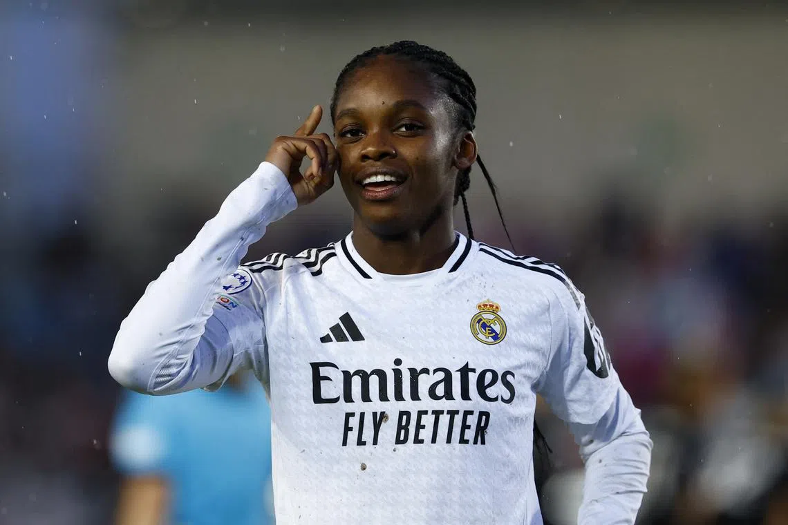 FILE PHOTO: Soccer Football - Women's Champions League - Quarter Final - First Leg - Real Madrid v Arsenal - Estadio Alfredo Di Stefano, Madrid, Spain - March 18, 2025 Real Madrid's Linda Caicedo celebrates scoring their first goal REUTERS/Susana Vera/File Photo