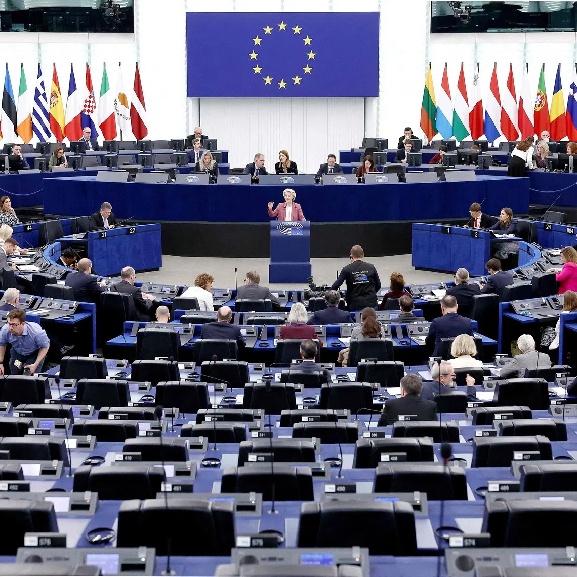 European European Commission President Ursula von der Leyen speaking at the European Parliament in Strasbourg, France, on Oct 22.
