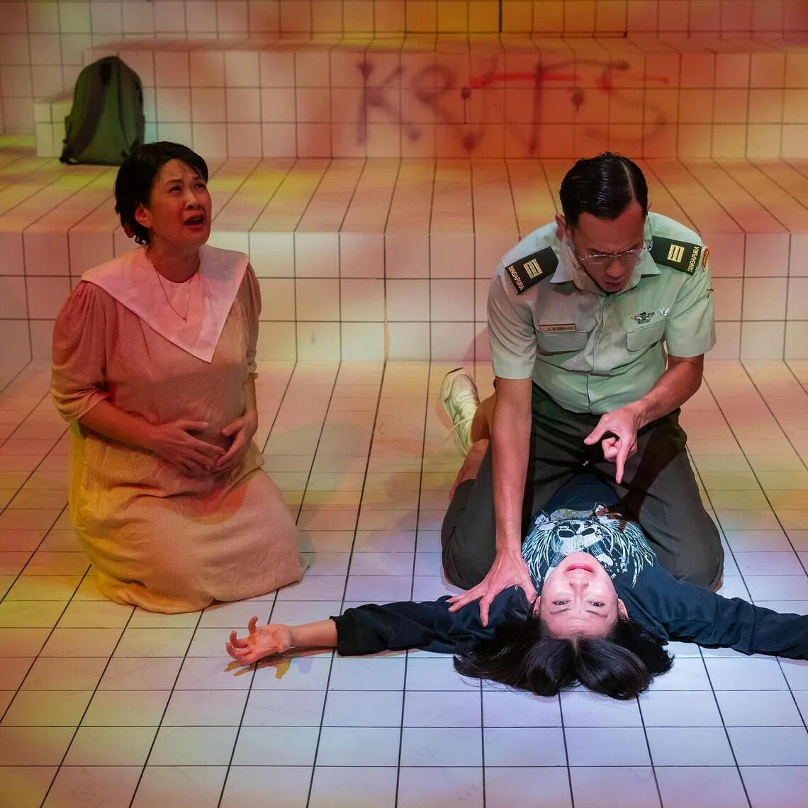 (From left) Karen Tan, Shane Mardjuki and Coco Wang in The Serangoon Gardens Techno Party Of 1993. 