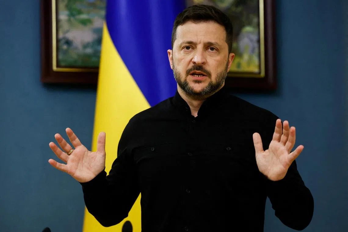 FILE PHOTO: Ukraine's President Volodymyr Zelenskiy speaks during a press briefing following phone calls with U.S. President Donald Trump, amid Russia?s attack on Ukraine, in Kyiv, Ukraine, May 19, 2025. REUTERS/Thomas Peter/File Photo