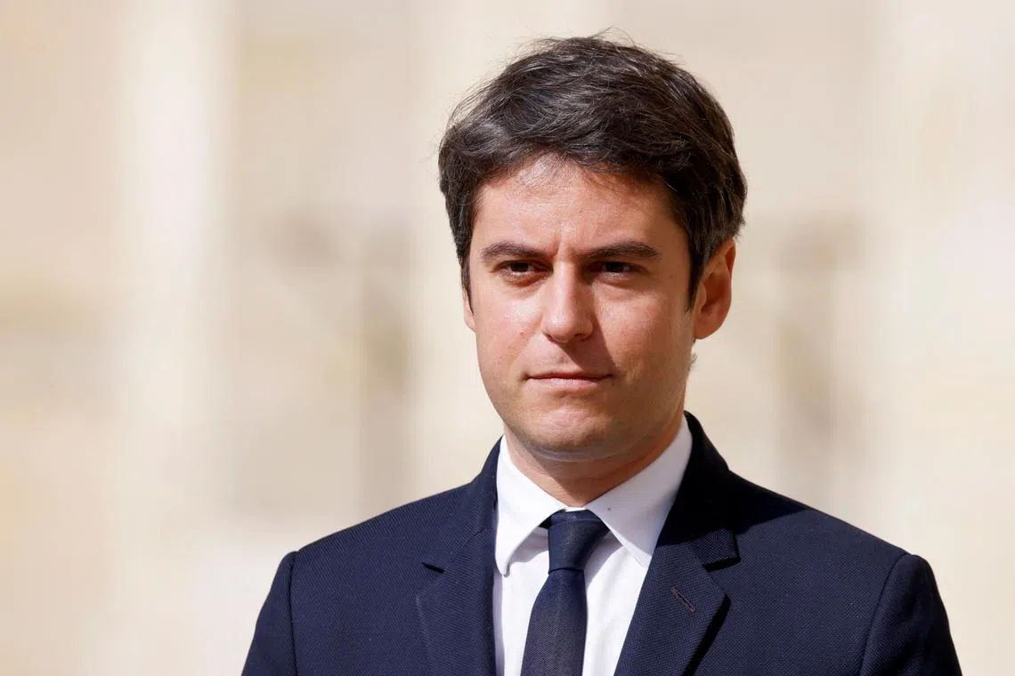 FILE PHOTO: France's Prime Minister Gabriel Attal attends a \"national tribute\" ceremony for late French politician and admiral, Philippe de Gaulle, son of Charles de Gaulle, at the Hotel des Invalides in Paris, France on March 20, 2024. LUDOVIC MARIN/Pool via REUTERS/File Photo