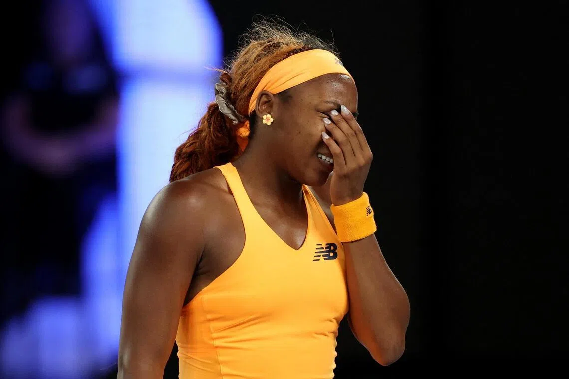 Coco Gauff of the U.S. reacts during her quarter final match against Ukraine's Elina Svitolina.