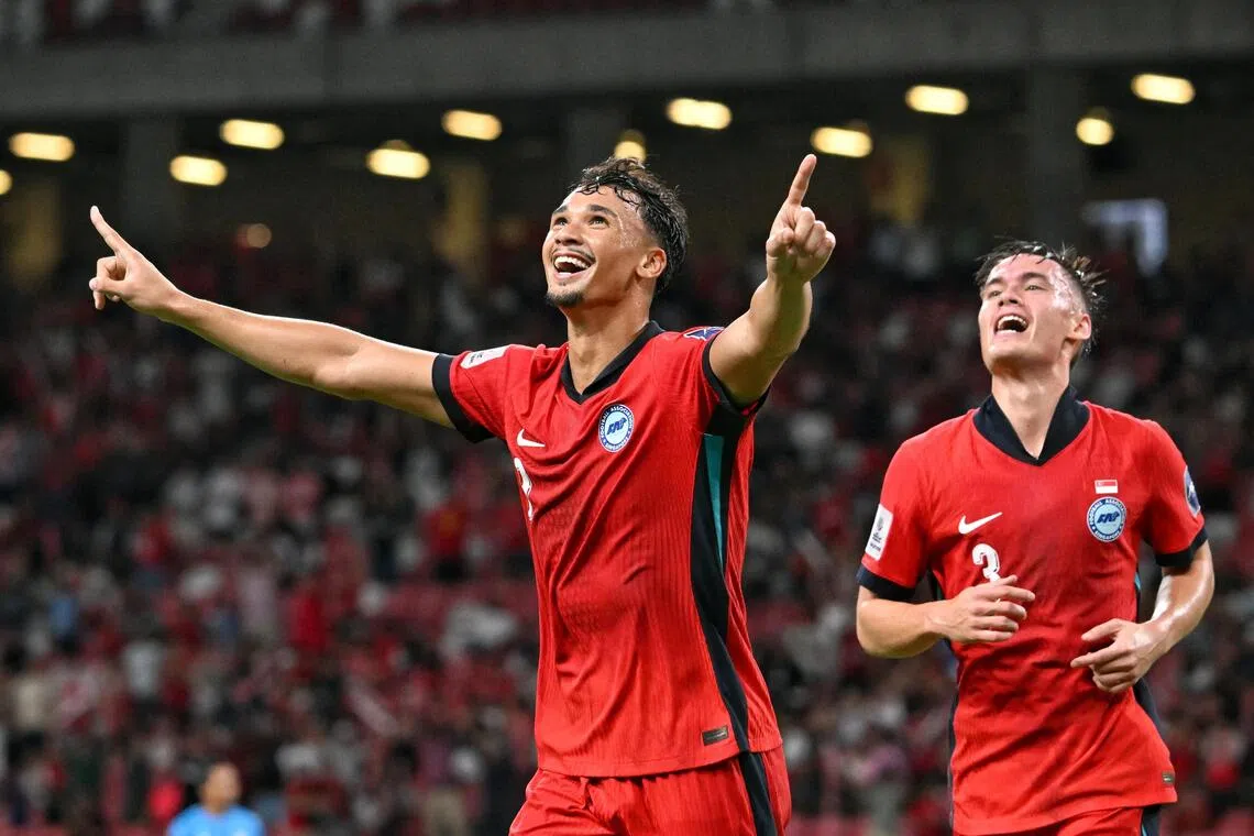 Ikhsan Fandi celebrates after scoring Singapore's goal in the Asian Cup qualifier against India at the National Stadium on Oct 9.