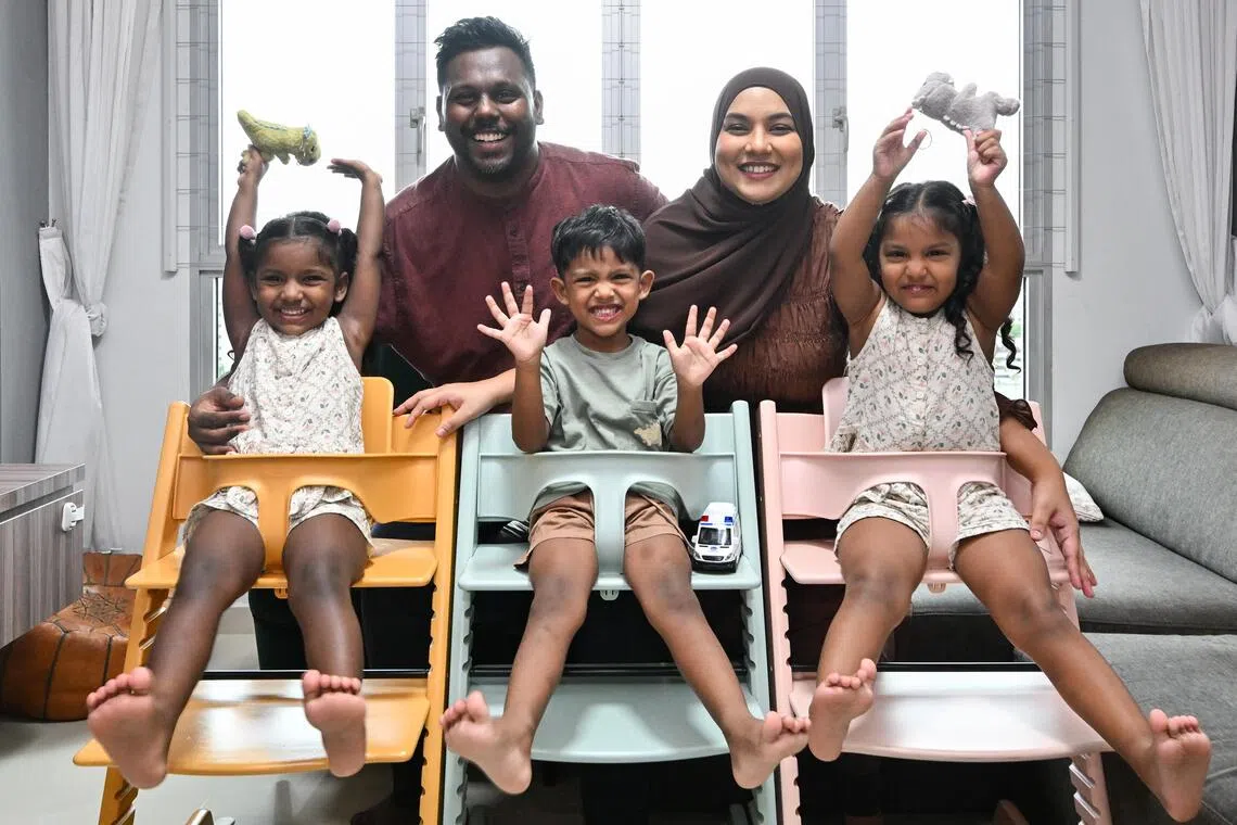 ST20251001-202507400474-Lim Yaohui-Theresa Tan-thtriplets/
Mr Mohammed Jahafar​, 35​,  and Ms Sumaya Jahan​, 32​,  with their triplets.
(from left) Elara​, Zachariah Elio​​ and Sidra. The triplets are 3-years-old.
(ST PHOTO: LIM YAOHUI)