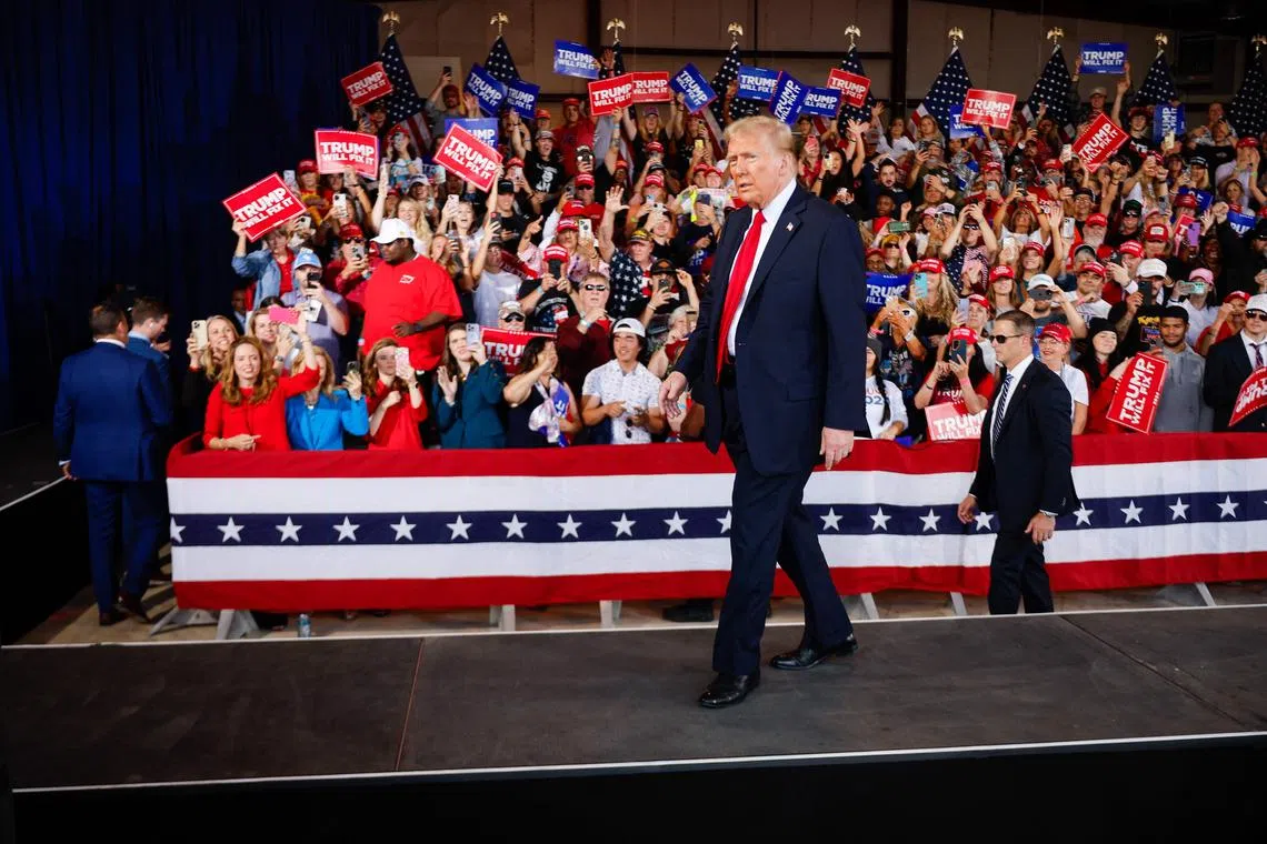 Republican presidential nominee and former president Donald Trump arriving for a campaign rally in Gastonia, North Carolina, on Nov 2.
