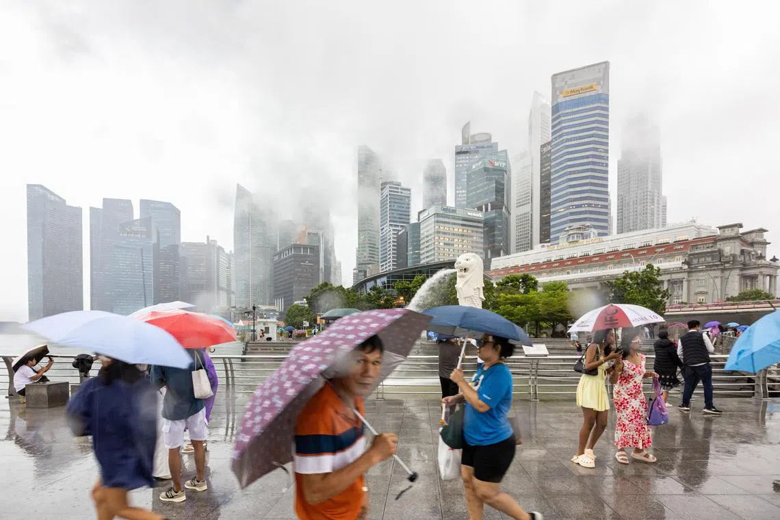 Visitors to the Merlion Park braving the rain at 11am on Oct 14.