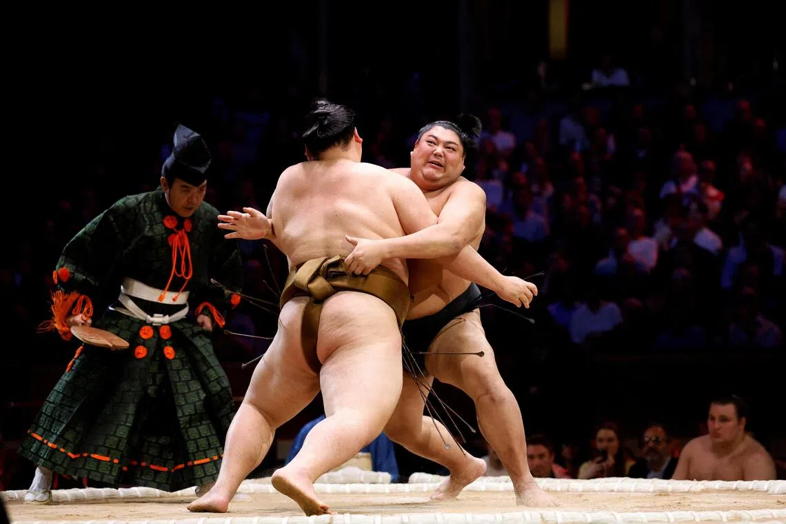 Oho and Abi in action at the Grand Sumo Tournament at the Royal Albert Hall in London. 