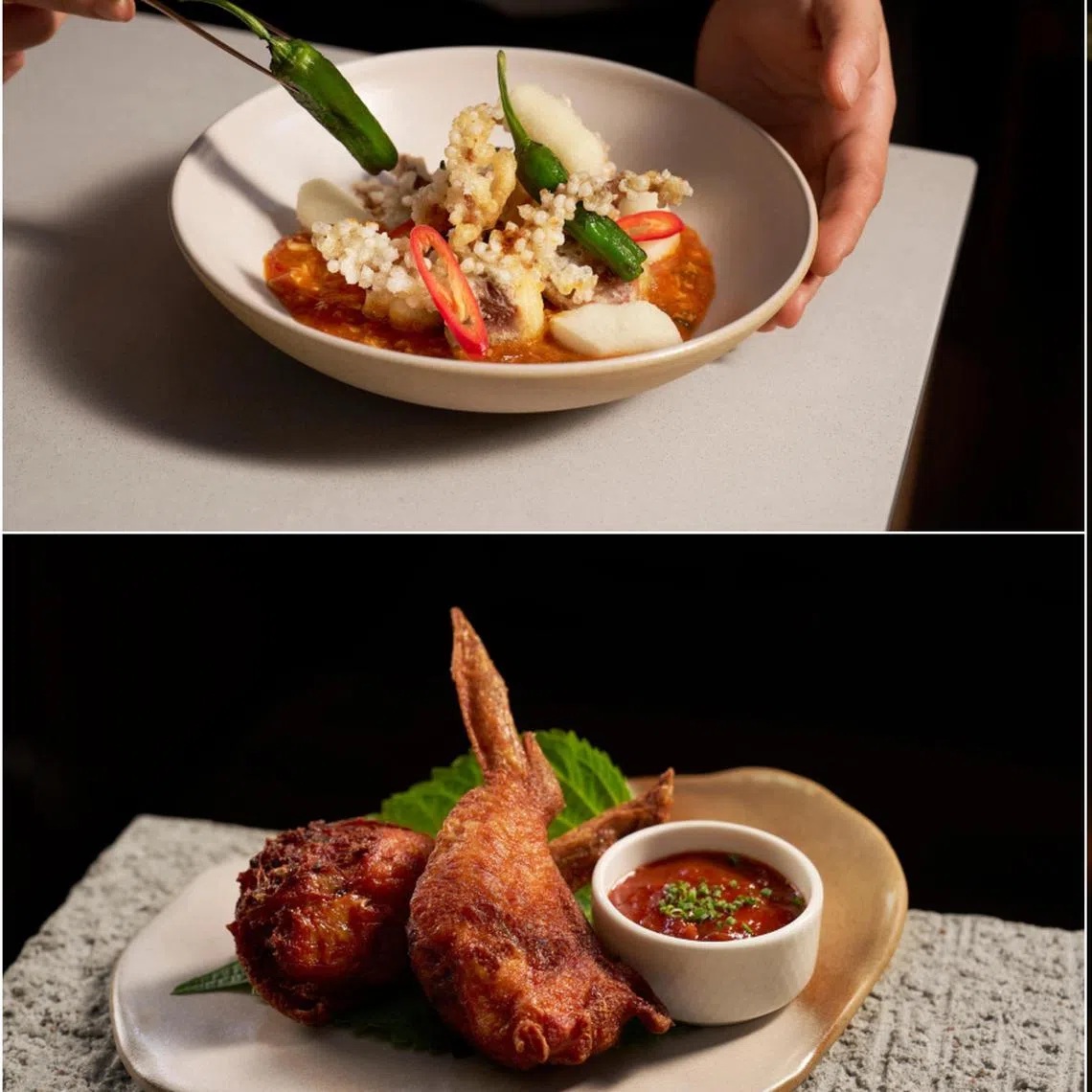 (Clockwise from top left) Gu:um's Gochujang Soft Shell Chilli Crab, Red & White Bingsu and Mandu Wings.