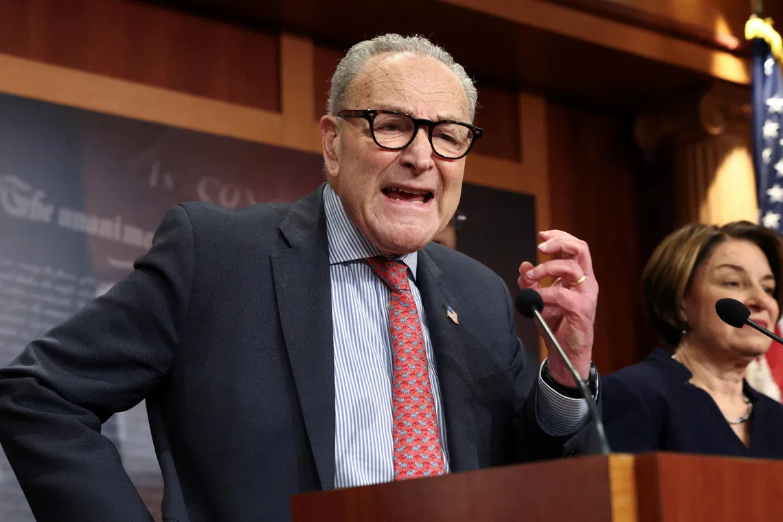 U.S. Senate Democratic Leader Chuck Schumer speaks following Senate votes on competing healthcare plans, at the U.S. Capitol in Washington, D.C., U.S., December 11, 2025.  REUTERS/Kevin Lamarque