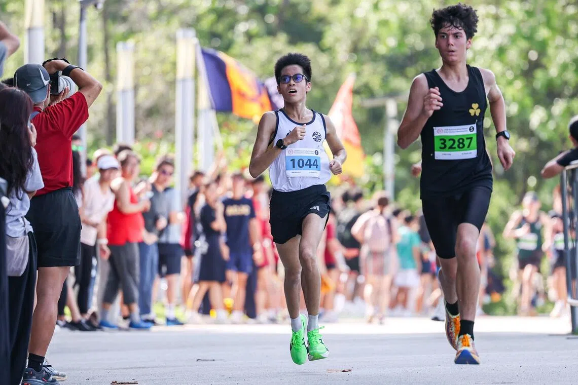 Eunoia Junior College's Nathan Lee (second from right) claimed his maiden National School Games title with his win in the A Division boys' cross country event on April 28.