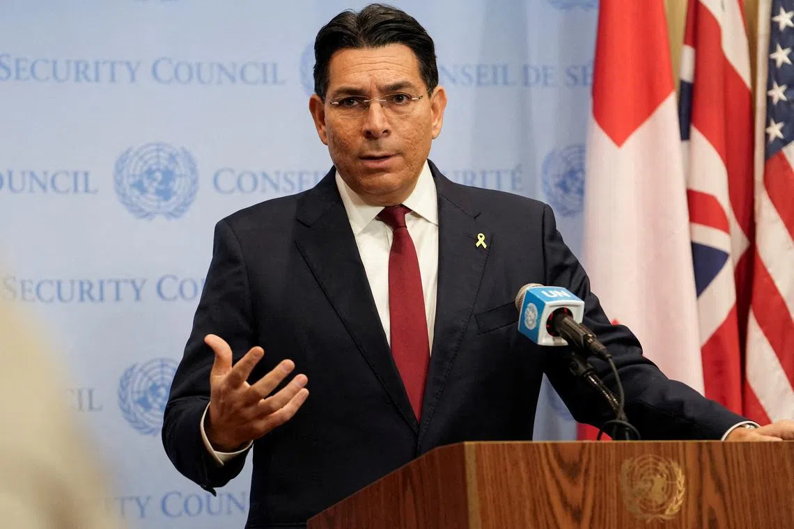 FILE PHOTO: Israel Ambassador Danny Danon speaks to the members of the media before the United Nations Security Council meeting at the U.N. headquarters in New York City, U.S., October 2, 2024. REUTERS/Stephani Spindel/File Photo