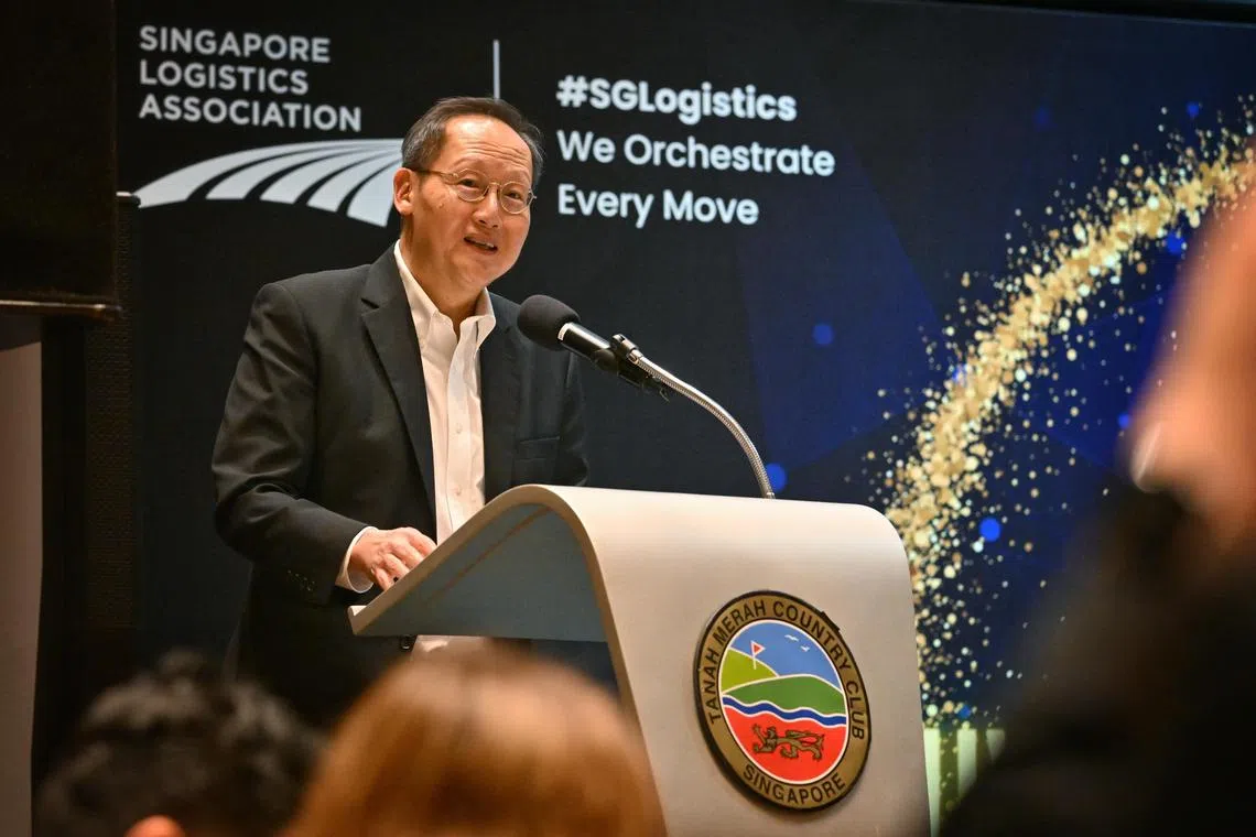 Guest of honour, Dr Tan See Leng, Minister for Manpower and Second Minister for Trade, delivering his speech during Singapore Logistics Association's 50th Anniversary at Tanah Merah Country Club on Oct 12, 2023.