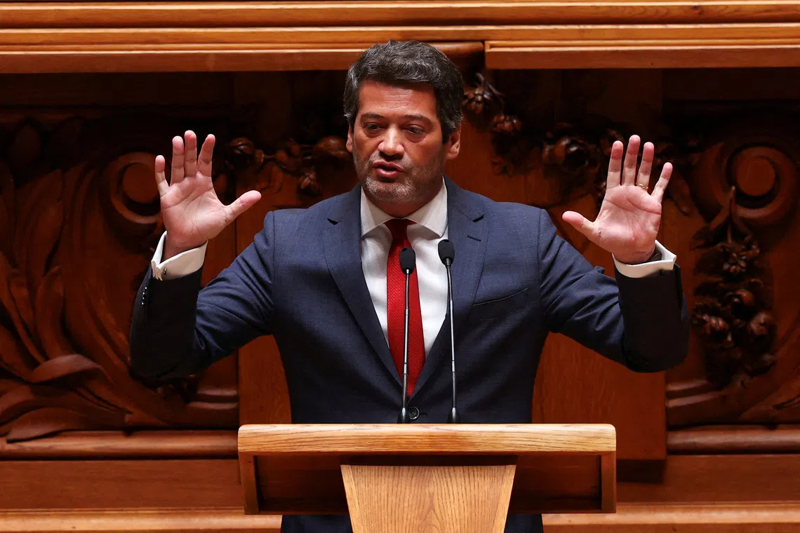 FILE PHOTO: Andre Ventura, leader of Portugal's far-right political party Chega, gestures during the debate on the new elected government program, at the parliament in Lisbon, Portugal, June 18, 2025. REUTERS/Pedro Nunes/File Photo