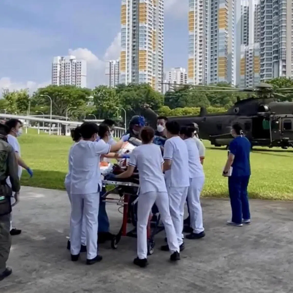 RSAF's H225M Medium Lift Helicopter arriving at the Singapore General Hospital on July 19 with the two injured crewmen.