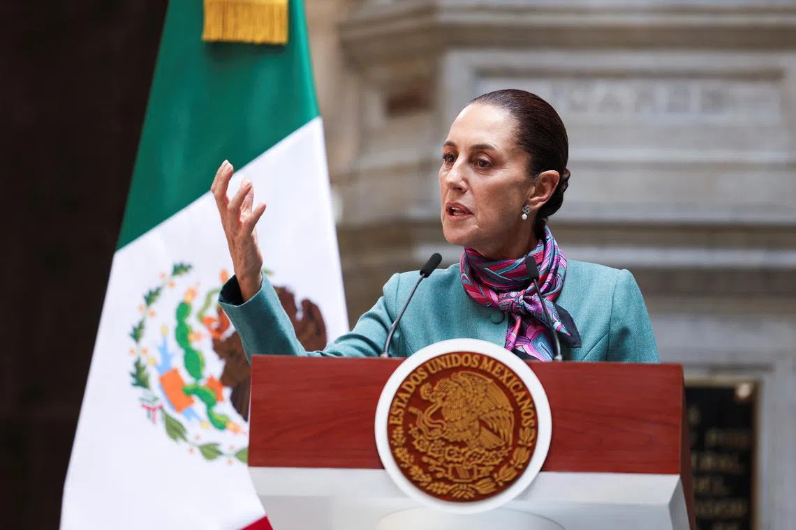 Mexican president Claudia Sheinbaum speaks during a press conference after a meeting with business people from Mexico and the United States, in Mexico City, Mexico October 15, 2024 REUTERS/Raquel Cunha/File Photo