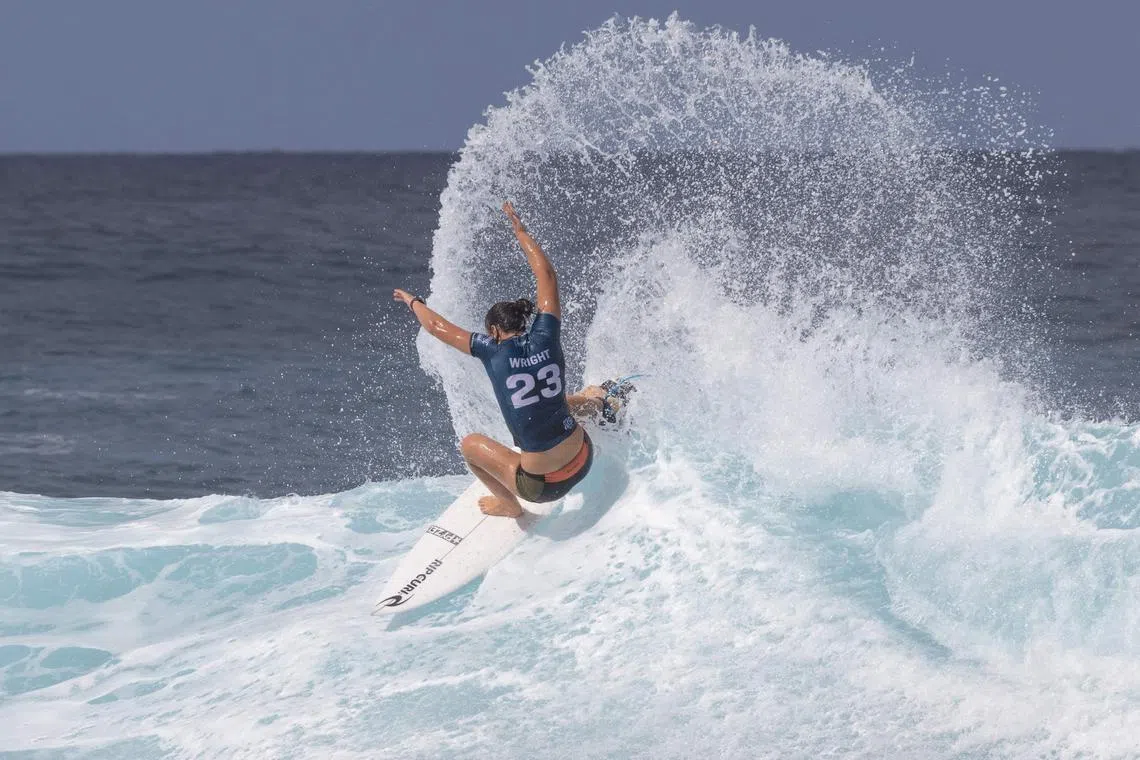 Australia’s Tyler Wright competes on the final day of the 2023 Billabong Pro Pipeline on the north shore of Oahu, Hawaii, on Feb 8, 2023. 