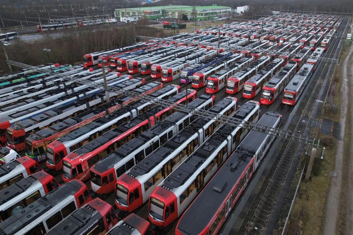 Trams at a depot in the suburb of Merheim in Cologne, Germany, during a nationwide transport strike on Feb 2.