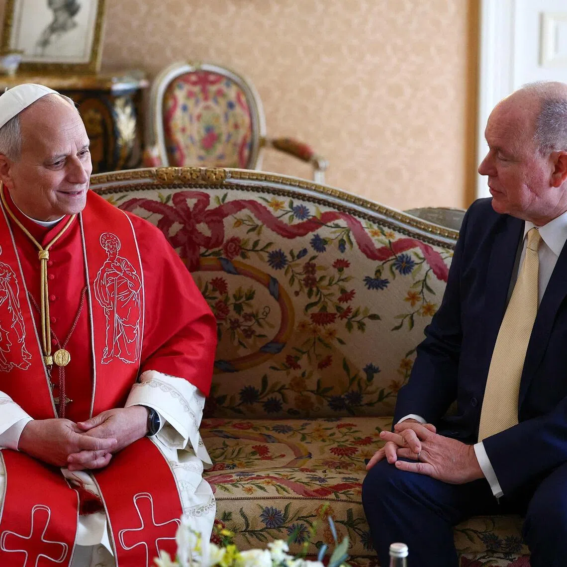 Pope Leo (left) meets with Prince Albert II of Monaco during a private audience in the Prince's Palace of Monaco in Monte Carlo.