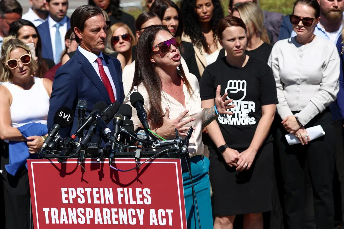 Ms Haley Robson, a victim of late financier Jeffrey Epstein, speaking during a press conference on Capitol Hill in Washington on Sept 3.